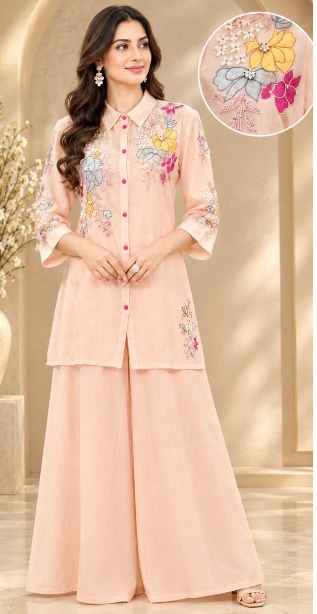 Indo-Western Cord Set With sharara pants - Peach - Image 7