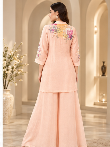 Indo-Western Cord Set With sharara pants - Peach - Image 8