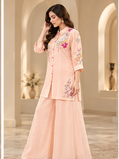 Indo-Western Cord Set With sharara pants - Peach - Image 9