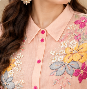Indo-Western Cord Set With sharara pants - Peach - Image 3