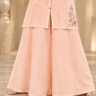 Indo-Western Cord Set With sharara pants - Peach - Image 5